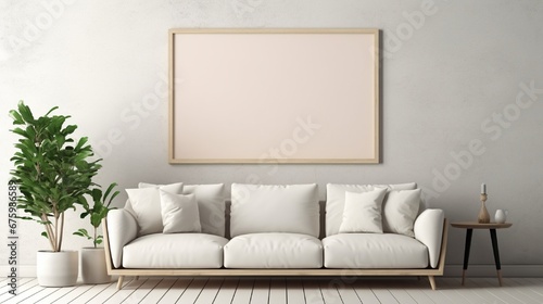 Mockup poster frame on the wall of living room. Luxurious apartment background with contemporary design. Modern interior design. 3D render  3D illustration