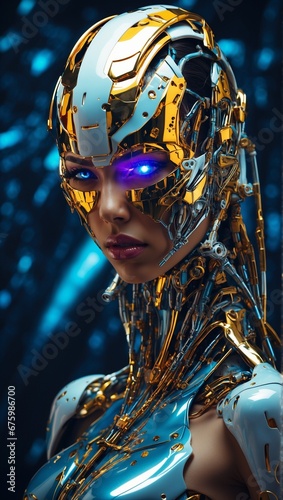 A woman's face, half cloaked in shimmering golden robotics, eyes glowing with a vivid sapphire light