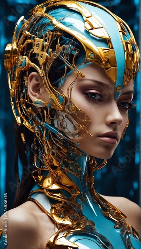A woman with a sleek, gold and blue mechanical helmet and armor, merging human and futuristic robot aesthetics