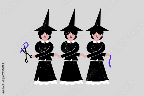 Vector illustration of three young witches with triangle hats holding each other hands. Magic mystical rite. Halloween costumes