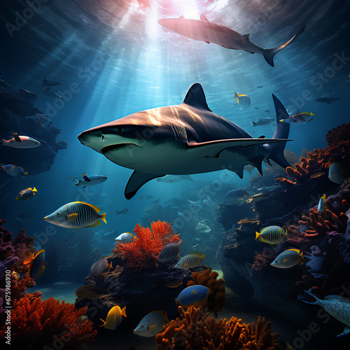 Megalodon with sharp teeth underwater,angry shark hunting.Beautiful underwater life with corals and fish,ecology.illustration created with generative AI technology 