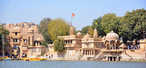Gadisar lake in the morning. Man-made water reservoir with temples in Jaisalmer. Rajasthan. India