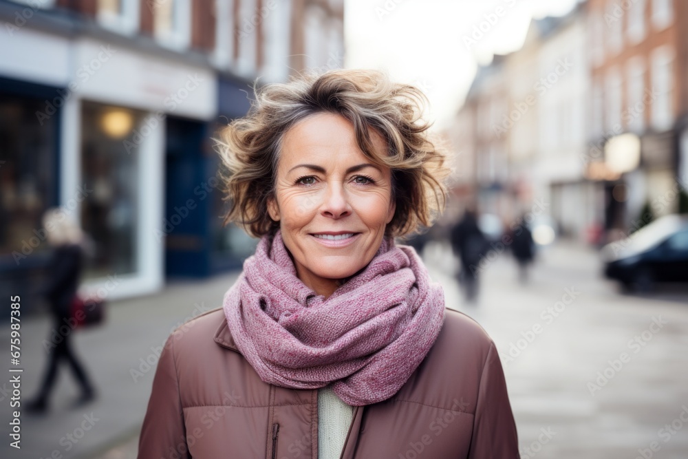 Portrait of mature woman with scarf and coat in the city. Portrait of mature woman with scarf and coat in the city.