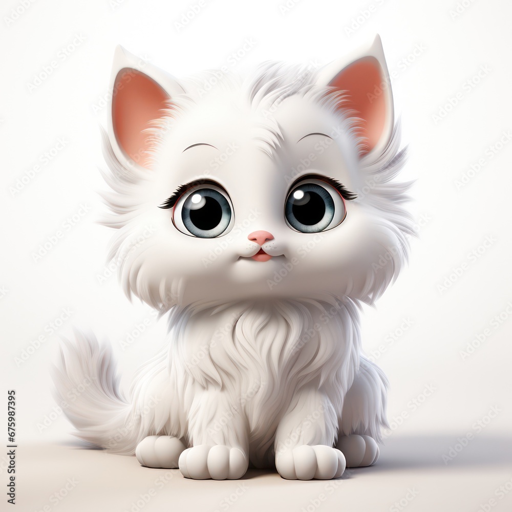 A lovable 3D mascot featuring a cute baby white cat. Realistic rendering of an endearing kitten cartoon, set against a white backdrop. A lovable 3D mascot featuring a cute baby white cat. Realistic rendering of an endearing kitten cartoon, set against a white backdrop.