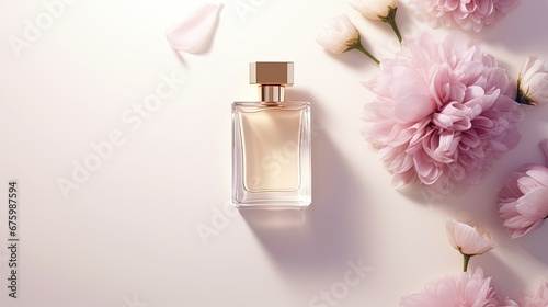 Top view of a square perfume bottle with a golden cap next to beautiful flowers. Beige minimal image on white background. Commercial image for perfumeries and cosmetic salons