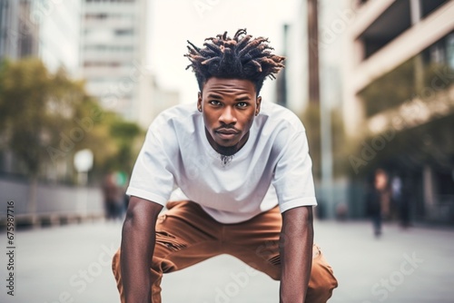 young African American man skateboarding in the city