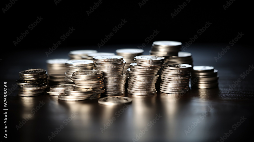 Closeup of silver coins stacked on wooden table Closeup of silver coins stacked on wooden table