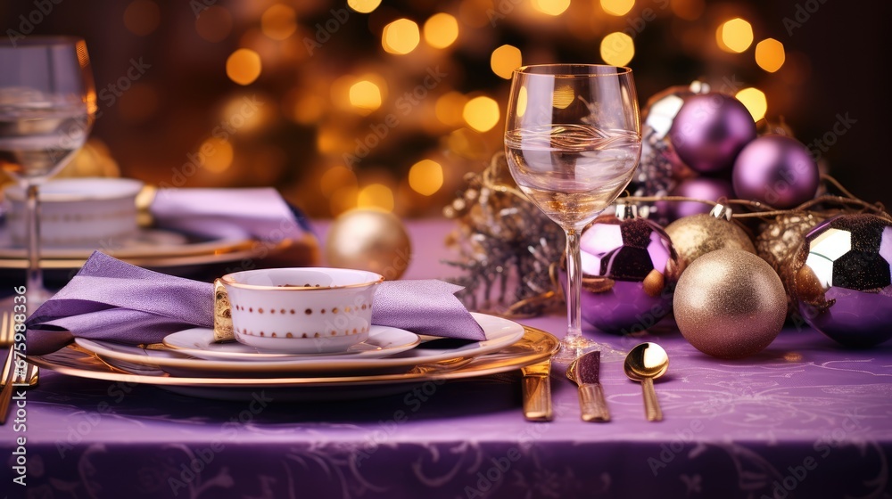  a close up of a plate with a cup and saucer on a table with a christmas tree in the background.  generative ai