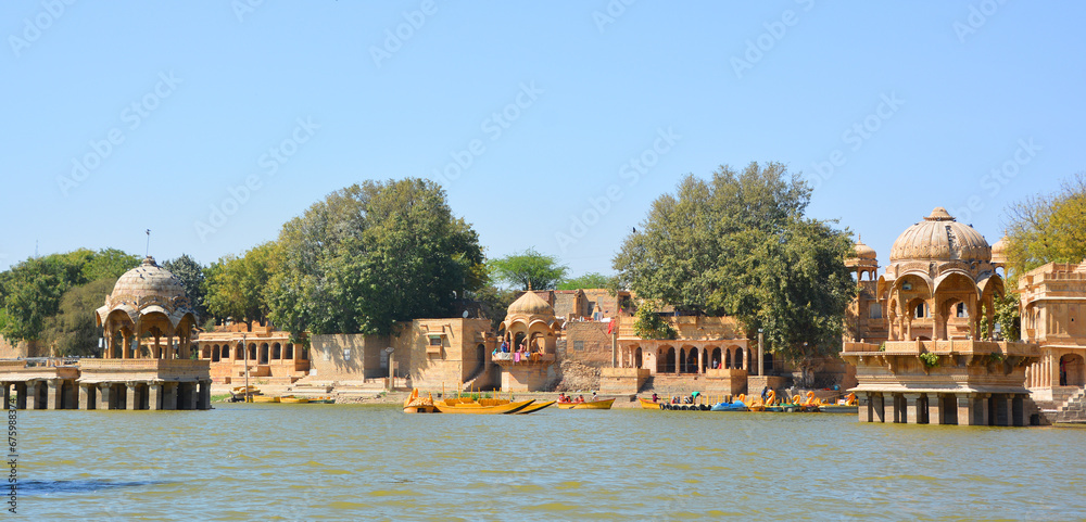 Gadisar lake in the morning. Man-made water reservoir with temples in Jaisalmer. Rajasthan. India