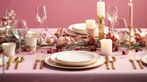  a table set for a formal dinner with candles, plates, and candlesticks on a pink table cloth. generative ai