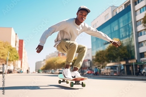 young African American man skateboarding in the city