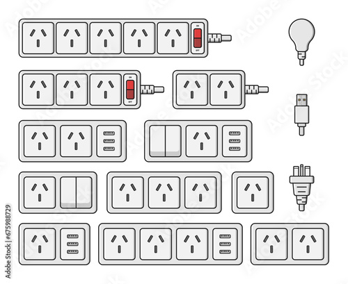 power outlet plug extension stip switch chinese type i set vector flat illustration