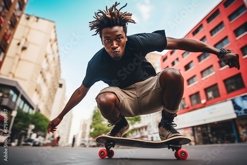 young African American man skateboarding in the city