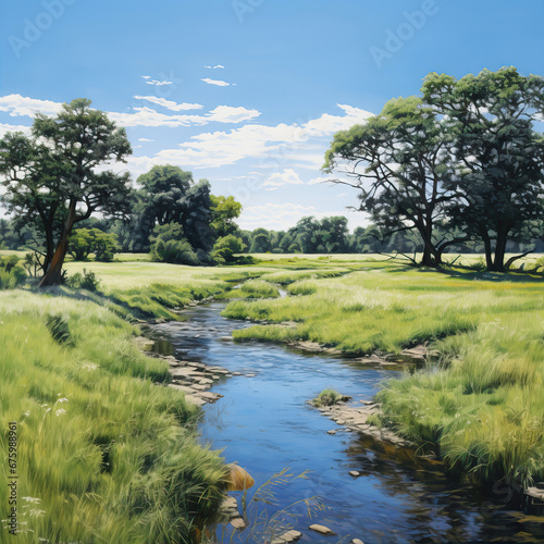 Oil painting. Landscape with a small river in a field among trees