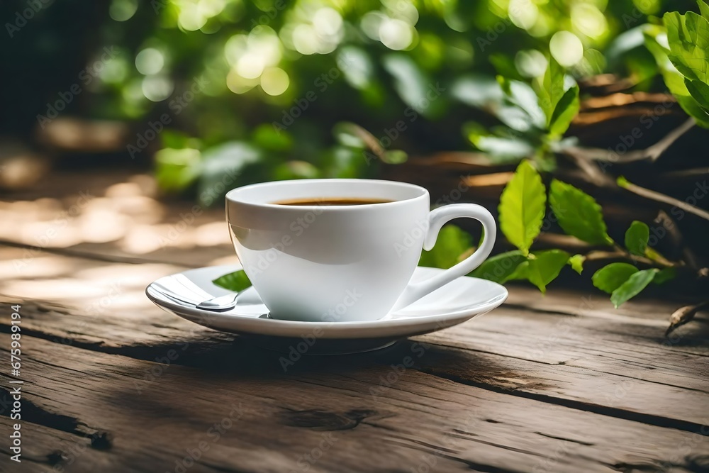 White coffee cup Placed on old wooden floors and natural backgrounds.