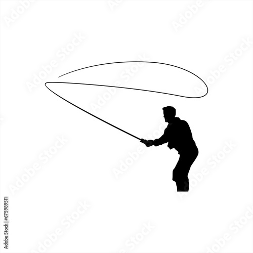 silhouette fly fishing on white background. use for logo or illustration