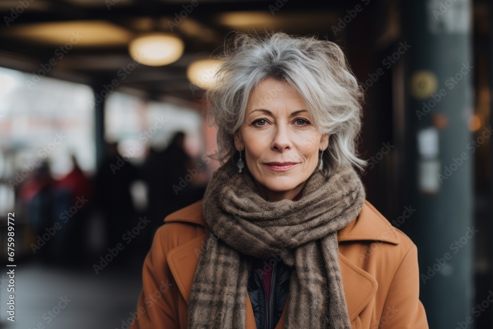 Portrait of senior woman in coat and scarf at the train station