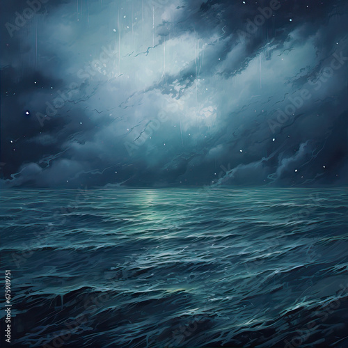 Oil painting. Dark sea during storm and rain
