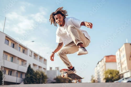 young African American man skateboarding in the city