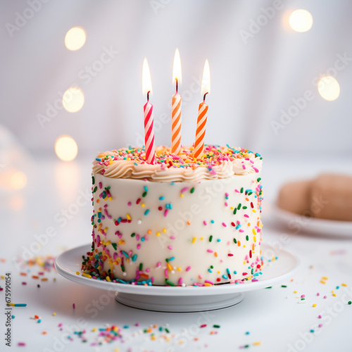 Birthday cake covered in sprinkles on a white table, minimalism style with glowing bokeh
