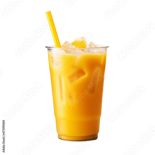 a fresh glass of mango juice with ice cubes and a straw isolated on a transparent background for a cafe or restaurant menu, a cold fruit beverage drink PNG © graphicbeezstock
