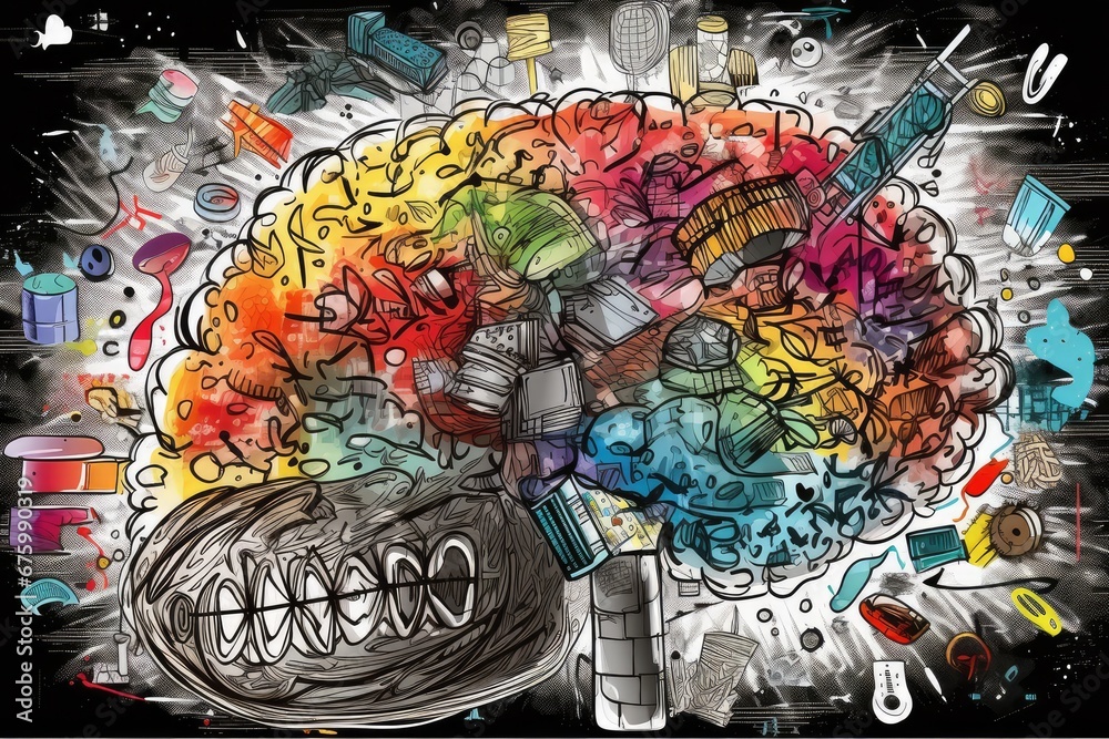 Human Brain AI Colorful Doodle Illustration, Brain learning new knowledge and understanding input through knowledge transfer and expand skillset with education by Education from experienced Teachers