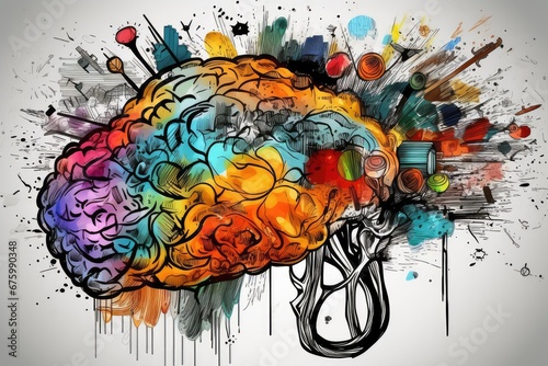 Abstract Human Brain AI Colorful Doodle Illustration, Creative Artificial Intelligence Painting of the human Mind and Visulisation of Knowledge Transfer and an educated Brain photo