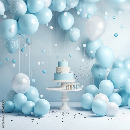 Light blue dessert table with baloons and confett