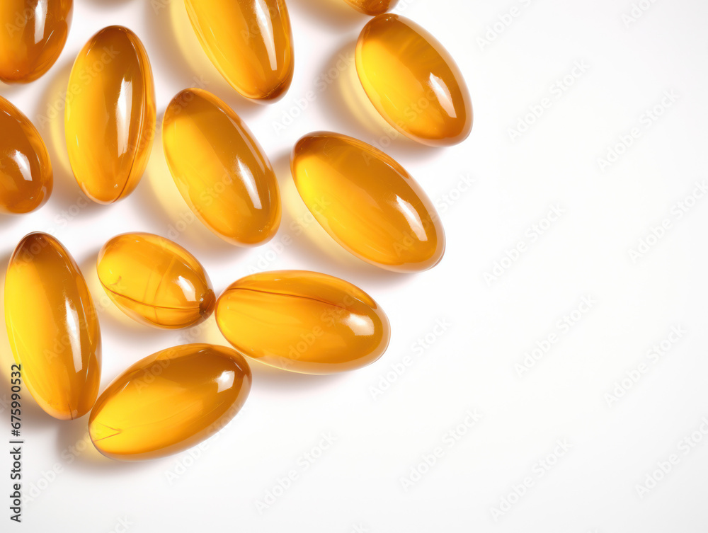gélules de vitamine en gel, capsule souple de médicament orange-jaune sur fond blanc gélules de vitamine en gel, capsule souple de médicament orange-jaune sur fond blanc
