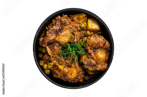 Beef oxtails stew with wine and vegetables in a pan. Transparent background. Isolated