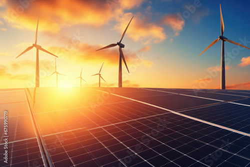 Clean Energy Concept: Wind Turbine, Solar Panels, Sunset. ai generative