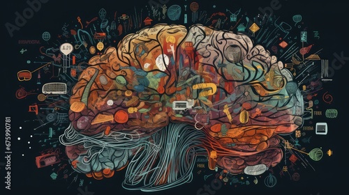 Human skull with creative coloful brain, left and right brain hemisphere, cerebral hemisphere, Doodle, brain, hemisphere. Colorful business Doogle, agile brain hemispheres communicating  photo