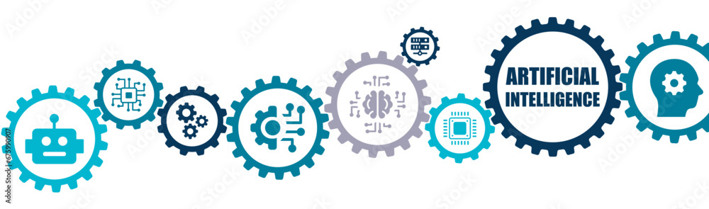 Artificial intelligence AI banner vector illustration with the icons of deep learning, robotization, automation, machine learning, cyberspace, programming, technology on white background - obrazy, fototapety, plakaty 