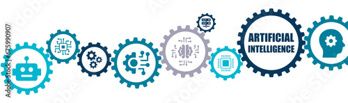 Artificial intelligence AI banner vector illustration with the icons of deep learning, robotization, automation, machine learning, cyberspace, programming, technology on white background