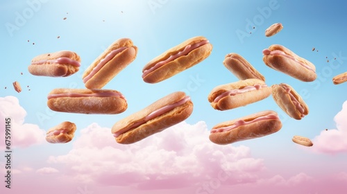  a bunch of hotdogs flying in the air with a sky in the back ground and clouds in the background.  generative ai
