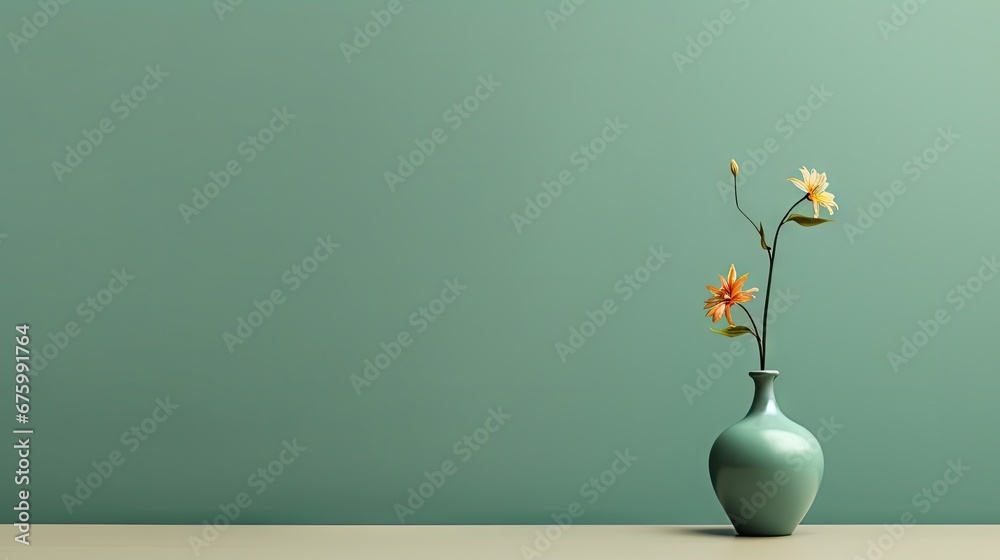a blue vase with yellow flowers in it sitting on a table next to a green wall and a light blue wall. generative ai a blue vase with yellow flowers in it sitting on a table next to a green wall and a light blue wall. generative ai