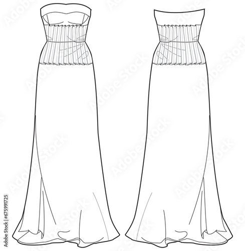 Sweetheart neck strapless column wedding dress design flat sketch fashion illustration with front and back view, off shoulder pleated trumpet bridal dress flat sketch cad drawing template