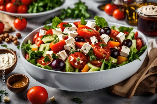 Freshly made Greek salad with vine ripened tomatoes and cubes of feta cheese. Served with home made hummus in white bowls.