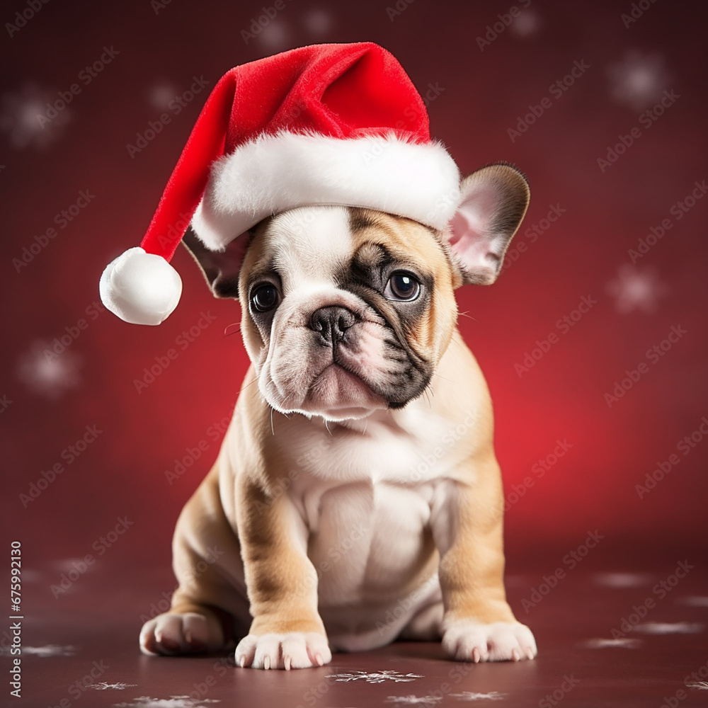 cute kawaii small french bulldog puppy in santa hat for christmas postcard, generative AI