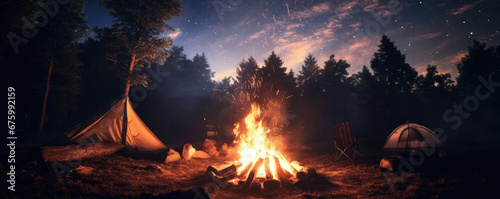 forest trip by the campfire in the night time.