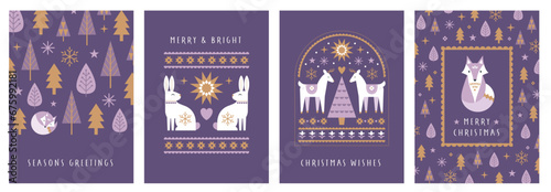 Set of Christmas greeting cards with folk style woodland animals