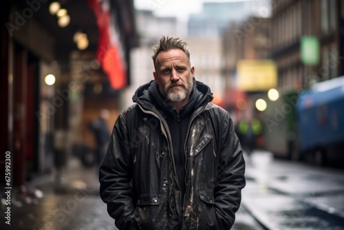 Portrait of a bearded man in a leather jacket in a city street © Nerea
