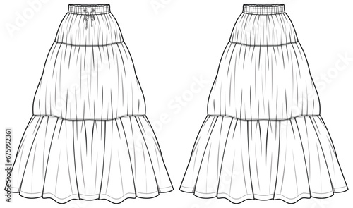 Tired A line Maxi Skirt design flat sketch vector illustration, Women's long Full length gypsy tire skirt for casual wear fashion technical drawing vector template mock up