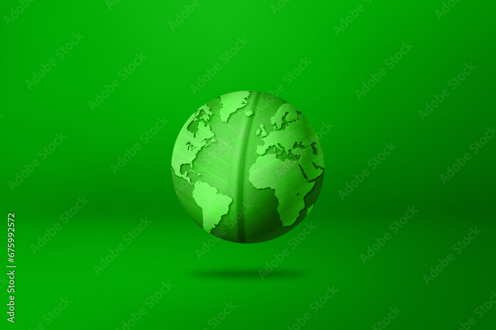 Green leaf world globe isolated on blank background. Environmental protection symbol