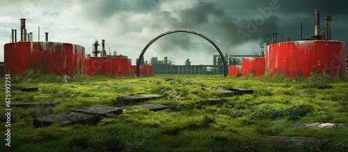 In the isolated city a vibrant green grassy road led to a construction site surrounded by a circular barrier with bright red metal plates They marked the boundary of the old industry area wh photo