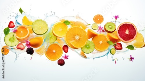  a bunch of fruit is falling into the water with a splash of water on the top of the picture and the bottom half of the fruit is cut in half.  generative ai