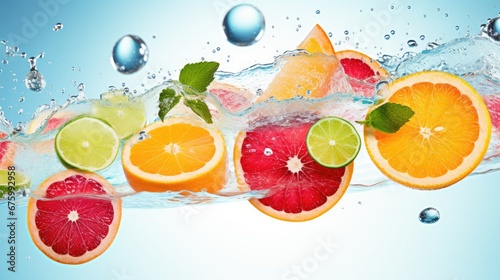  a bunch of oranges, limes, and grapefruits are splashing out of the water. generative ai