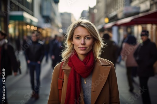 Beautiful blonde woman walking in the city street. Urban scene.