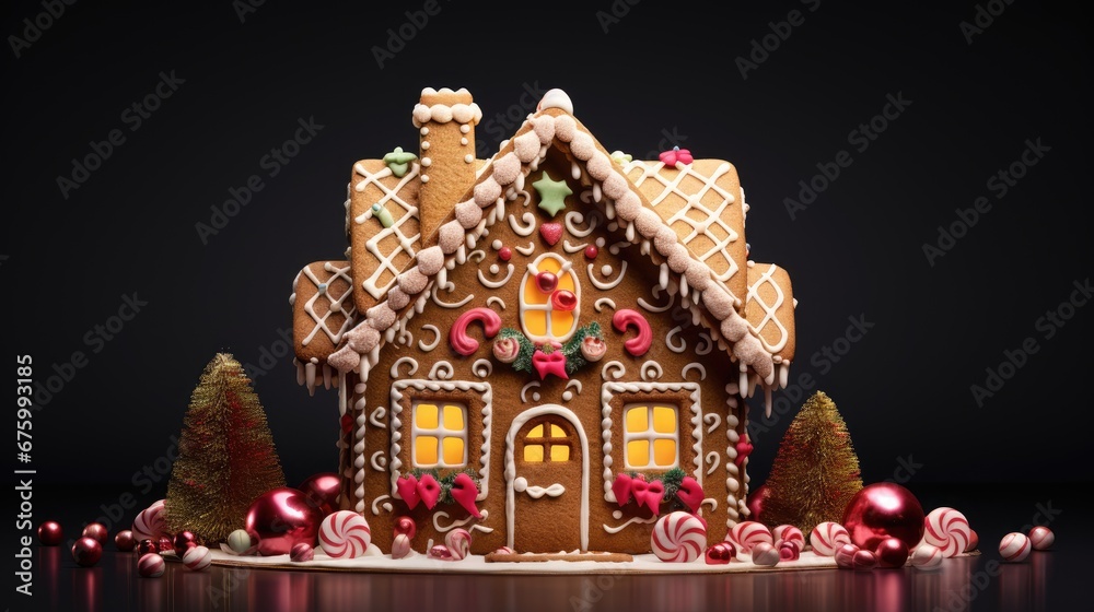  a gingerbread house decorated with candy canes and candy canes on a reflective surface with a black background.  generative ai