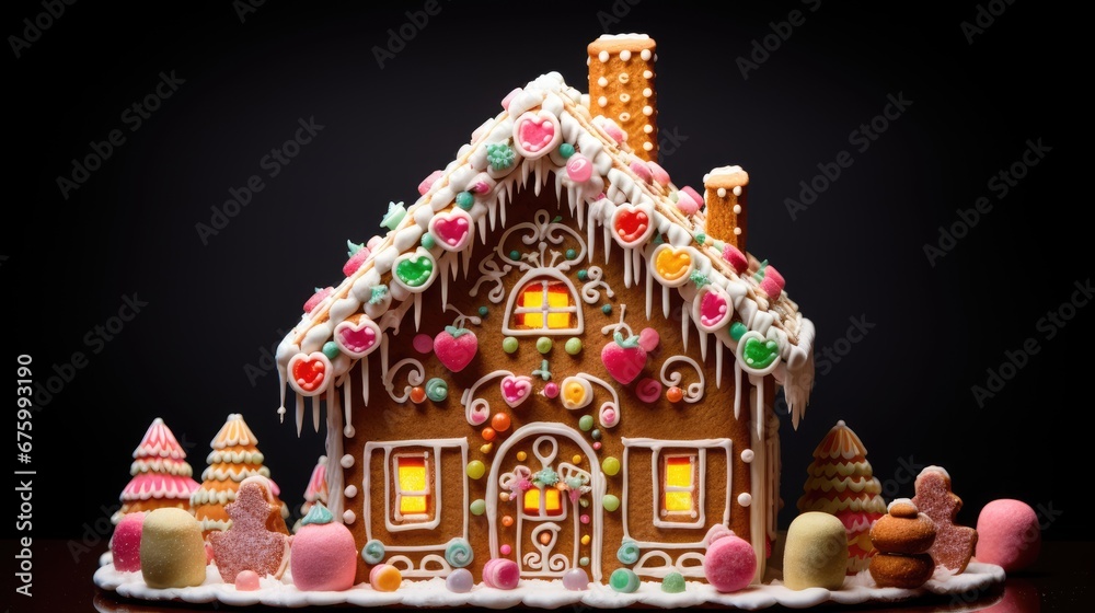  a close up of a gingerbread house on a table with other gingerbreads and candies around it.  generative ai